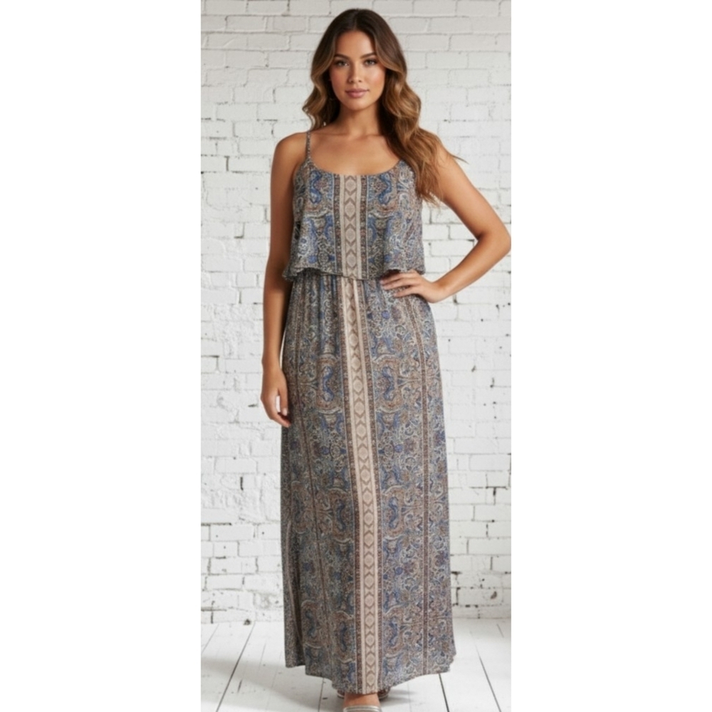 Ing Sleeveless Empire Waist Open back Maxi Paisley Print Tan Multicolor Size S